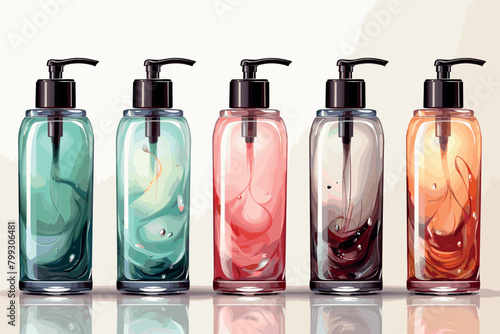 Set of realistic bottle mock-up in transparent green design, isolated on beige background, 3D illustration