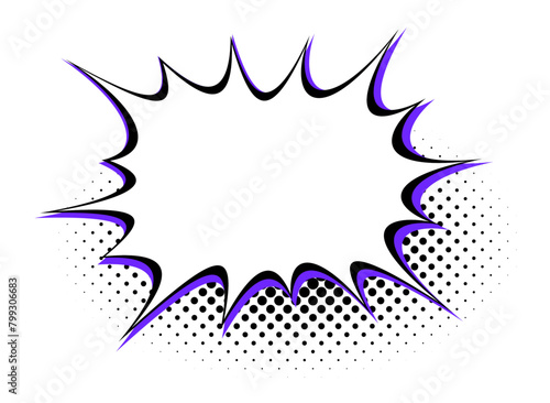 A speech bubble edged with a flame-like halftone pattern in black and purple, ideal for conveying heated conversations or dramatic announcements.
