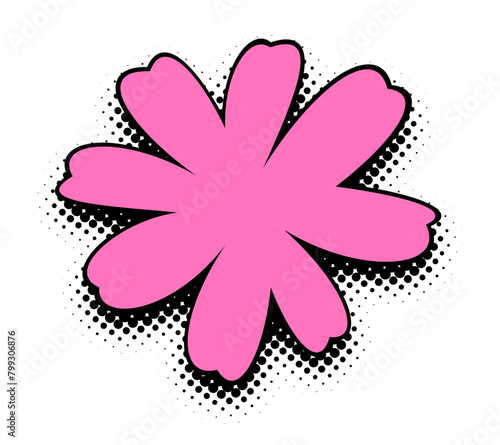 A hot pink flower with a bold pop art essence  featuring a halftone effect and stark black outlines  stands out on a crisp white background for a minimalistic yet striking look.