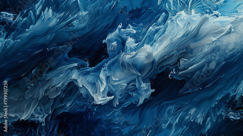 Produce a digital image using AI technology, depicting the mesmerizing dance of azure and deep navy waves, symbolizing the perpetual motion and vitality of the ocean's dynamic movement. photo