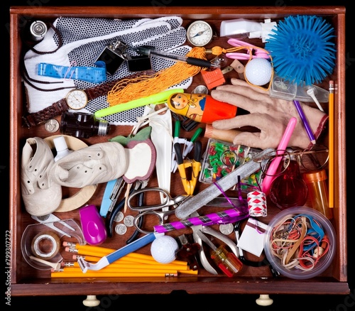 A wooden catch-all drawer overflowing with a variety of colorful household items. Some of the visible items include wooden toys, pencils, crayons, a calculator, scissors, rubber bands, and a tape.