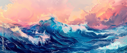 Produce a digital illustration capturing the vibrant energy of ocean waves, with colors ranging from azure to deep navy, symbolizing the perpetual motion and vitality of the sea. photo