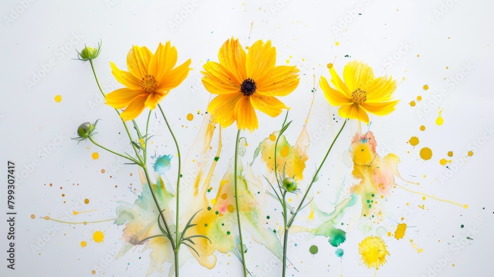 Obraz premium Vibrant Cosmos Flowers on Watercolor Paper Generative AI