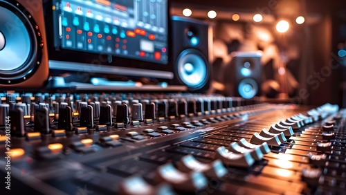 How to Adjust Audio Mixer Controls for TV Broadcast in a Recording Studio. Concept Audio Mixer Controls, TV Broadcast, Recording Studio, Adjust Settings, Sound Levels photo