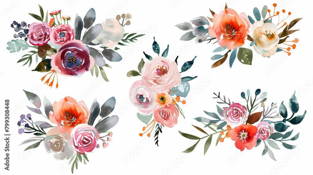 Watercolor Floral Bouquet Illustrations on White Background Generative AI