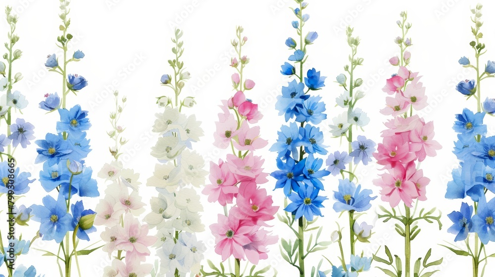 Fototapeta premium Delicate Floral Pattern with Delphinium Flowers Generative AI