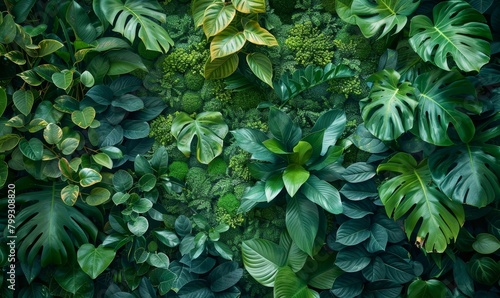 A green wall of soft leaves and large houseplants  Generative AI