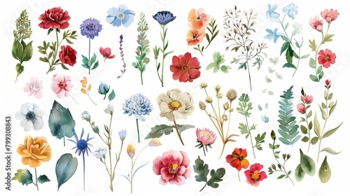 Watercolor Floral Elements on White Background Generative AI
