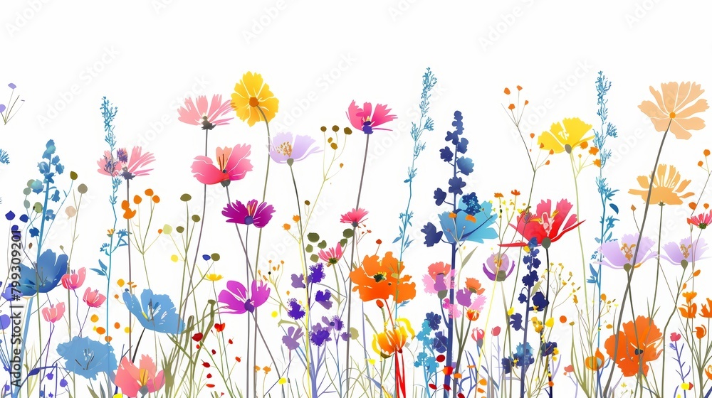 Fototapeta premium Vibrant Floral Meadow Illustration on White Background Generative AI