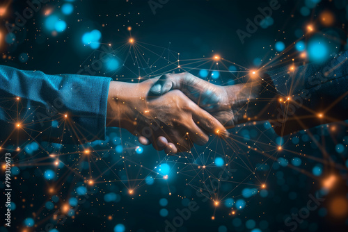 Business Partners Shaking Hands Over Digital Network