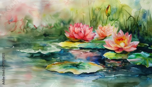 A watercolor painting of a pond with water lilies.