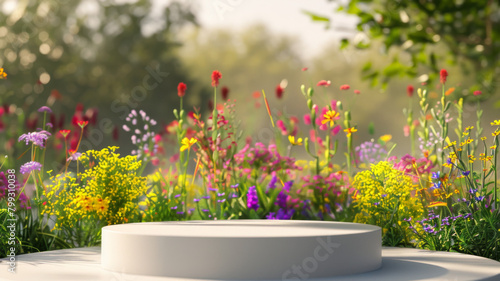 Podium flower Product White 3D Spring table beauty stand display nature white. Garden floral background cosmetic field scene gift day