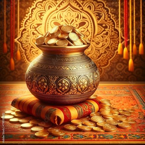 Akshaya tritiya background with a ornate pot with golden coins. © Milano
