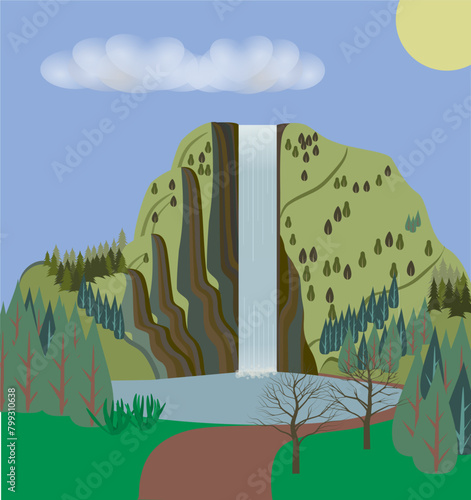 Fairy landscape with an idealic waterfall, trees, for letting go your fantasy