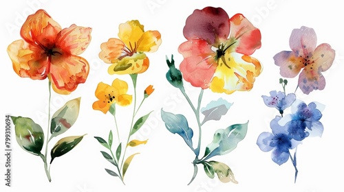 Watercolor Floral Elements on White Background Generative AI