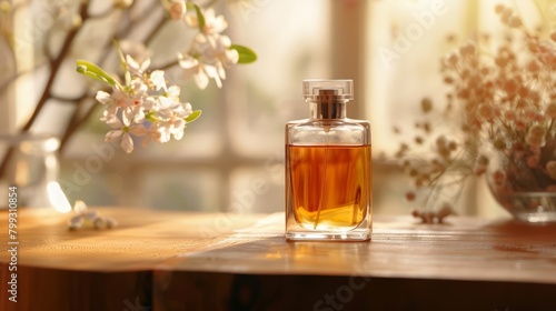 A beautiful perfume bottle on a wooden table near a window