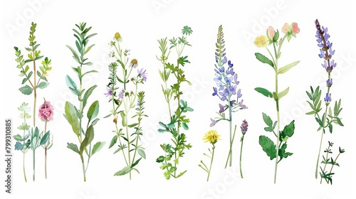 Vibrant Watercolor Herbs and Wildflowers on White Generative AI