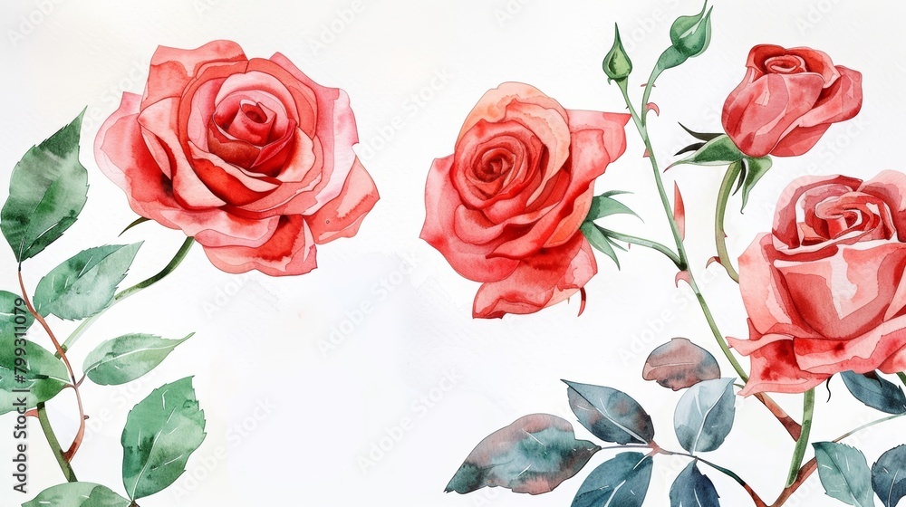 Naklejka premium Watercolor Roses on White Background Template Generative AI