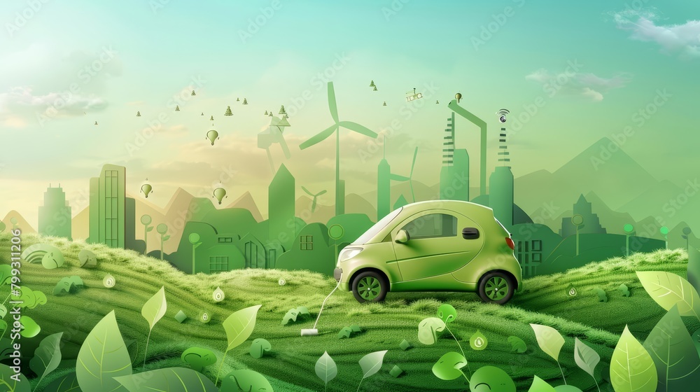 Electric vehicles reduce reliance on fossil fuels, offering a cleaner alternative with lower emissions, a charged background concept