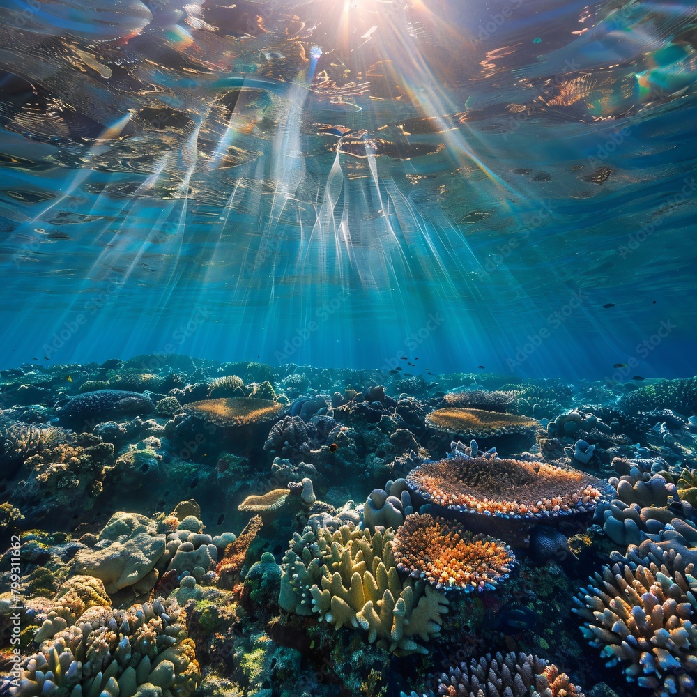 Vivid coral reef under clear blue water illuminated by streaming sunlight