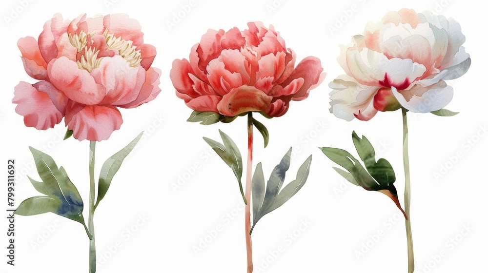 Watercolor Peony Flowers on White Background Generative AI