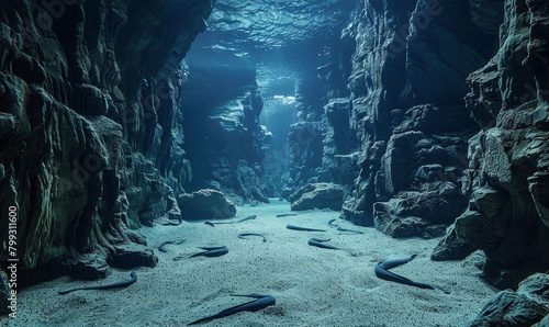A mysterious underwater hideaway where eels twist and turn amidst rocky crevices, Generative AI photo