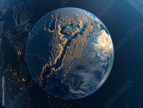 Close-up view of Earth, ideal for educational and scientific use. Earth's tectonic plate boundaries illustrating the interactions that shape our planet's surface