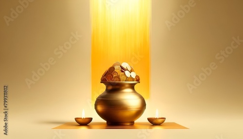 Akshaya tritiya celebration background with a pot with gold coins and lamps. photo