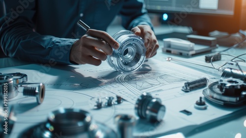 Close up of smart mechanic or technician hands designing and inventing vehicle part by using technology innovation. Skilled mechanical engineer planning and writing blueprint and motor design. AIG42.