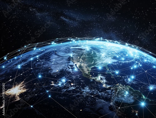 Digital connectivity and online communication across the globe, depicting the integration of network technology and internet business.Emphasizes the importance of global connections in the digital age