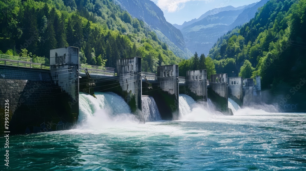 A photo of a hydroelectric dam located in a valley in the Swiss Alps A photo of a hydroelectric dam located in a valley in the Swiss Alps