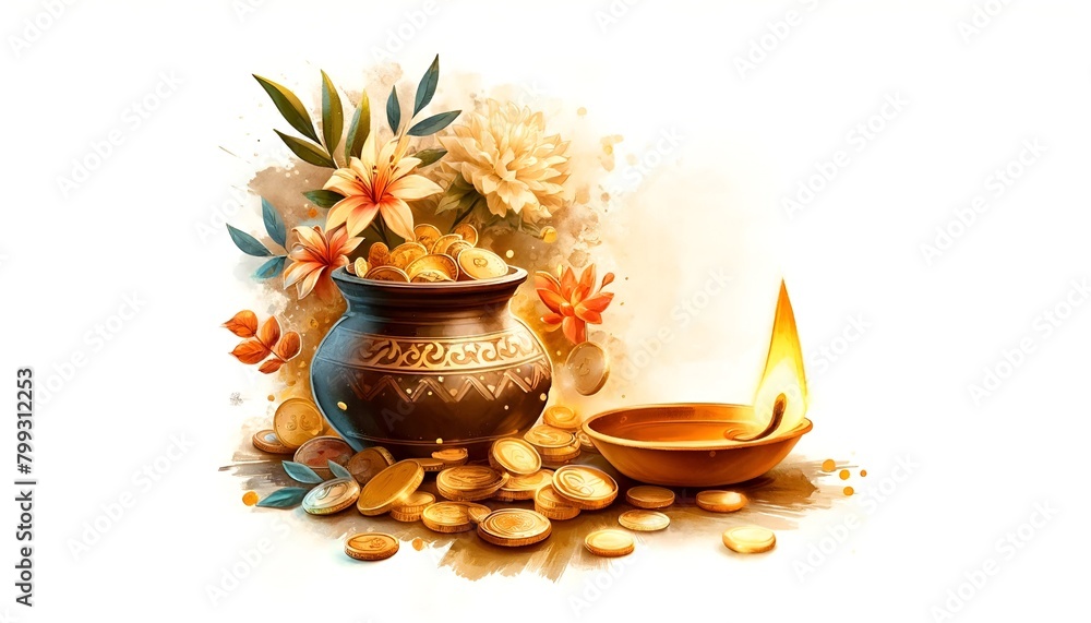 Akshaya tritiya watercolor card illustration with a pot with golden coins and decoration with copy space. Akshaya tritiya watercolor card illustration with a pot with golden coins and decoration with copy space.