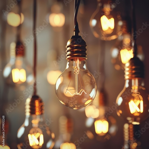 A close-up of a glowing light bulb with a warm orange tint. The bulb is hanging from a cord and there are other bulbs in the background.