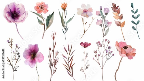 Watercolor Floral Elements on White Background Generative AI