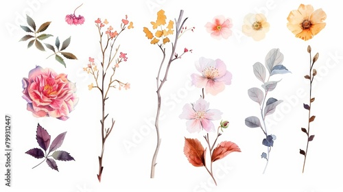 Watercolor Floral Elements on White Background Generative AI