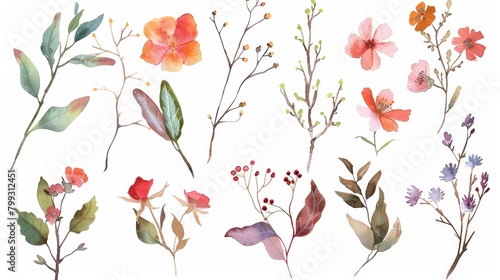 Watercolor Floral Elements on White Background Generative AI