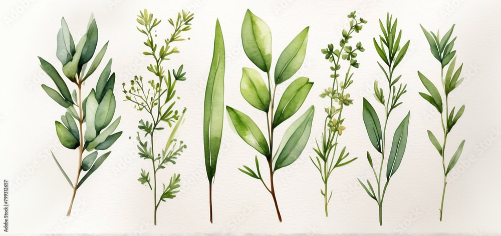 Naklejka premium Watercolor illustration of fresh green twigs of edible herbs like rosemary, thyme on white background. Home herbarium 