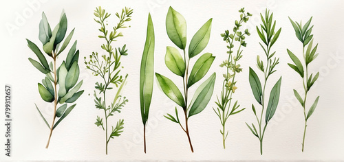 Watercolor illustration of fresh green twigs of edible herbs like rosemary, thyme on white background. Home herbarium 