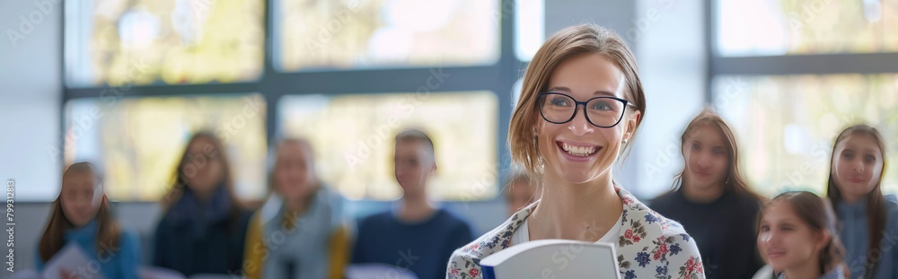 Female teacher with glasses standing in front of students smiling while ...
