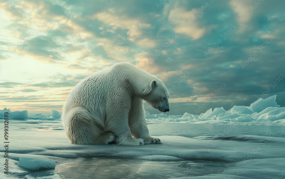 A polar bear suffering for climate change, 4k. Generative AI.