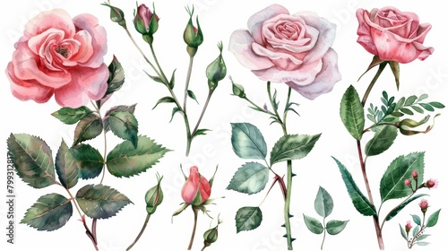 Botanic Garden Watercolor Arrangements with Pink Roses Generative AI