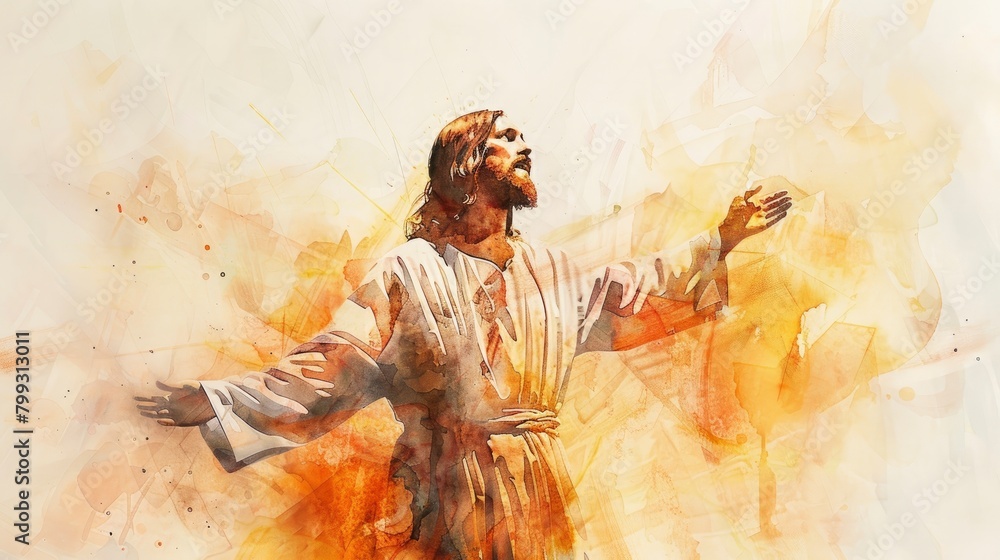 Watercolor art of Jesus Christ standing with open arms, background color white and light orange