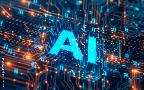 An image featuring bold, capitalized letters 'AI' in the center with a highly detailed futuristic circuit board background.