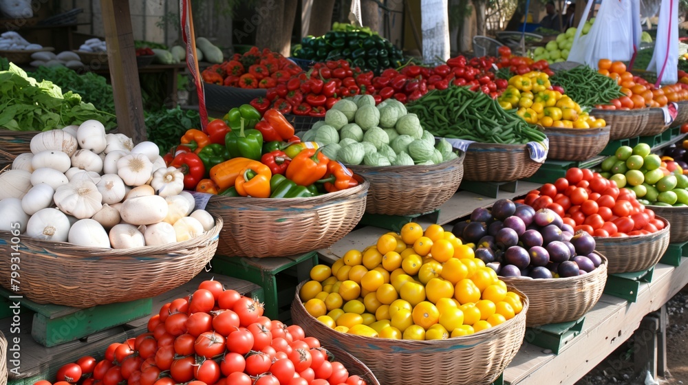 a bunch of baskets of vegetables on a table in a market place