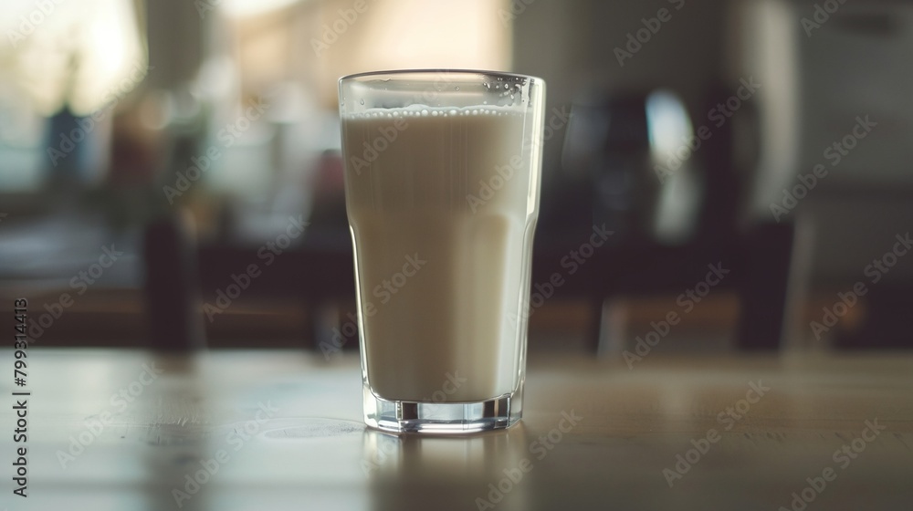a glass of milk sitting on a table in a room with a blurry background a glass of milk sitting on a table in a room with a blurry background
