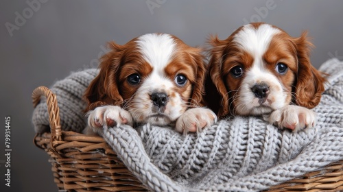 two cute and happy beige and white Cavalier King Charles Spaniel puppies as they play joyfully in a basket adorned with an orange blanket, set against a cheerful grey background.
