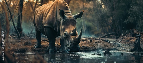 Rhino drinking water from a lake in the forest
