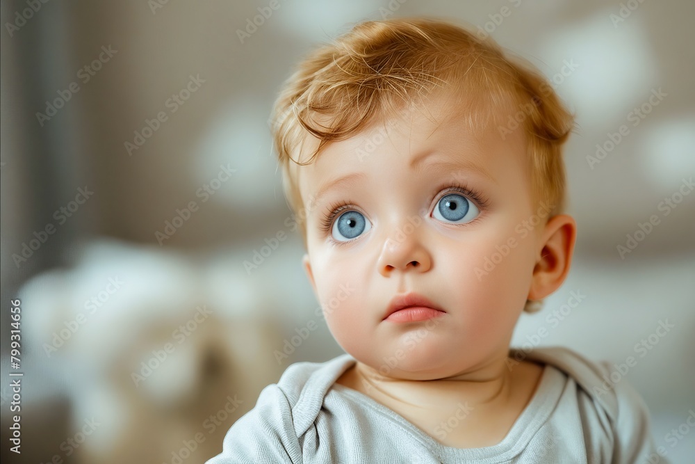 A baby with blue eyes is looking at the camera. The baby is wearing a gray shirt