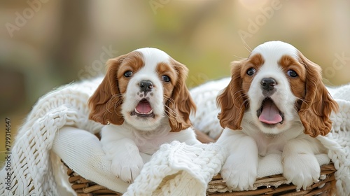 two cute and happy beige and white Cavalier King Charles Spaniel puppies as they play joyfully in a basket adorned with an orange blanket, set against a cheerful white background.