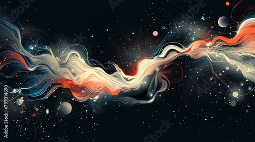 a painting of a swirly orange and white wave on a black background with bubbles and stars in the sky